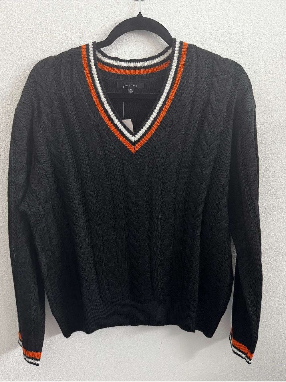 Love Tree Black Cable-Knit V-Neck Sweater with Orange and White Stripe Trim